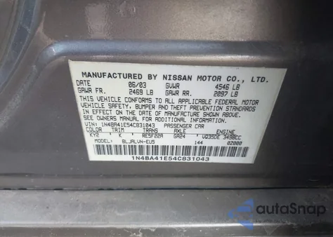 2004 Nissan Maxima 3.5 Se из США, поврежденный, VIN 1N4BA41E54C831043